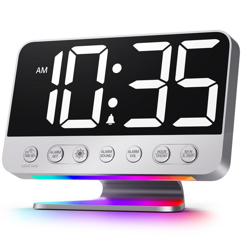 Digital Alarm Clocks for Bedrooms: Large Bold Number 5 Brightness Dimmer - Easy to Read Across The Room - 5 Alarm Sound 8 Night Light - Silver Silver - White Digits