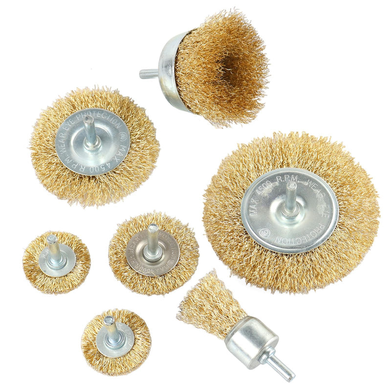 Wire Wheel Cup Brush Set, 7 Pcs Abrasive Brass Coated Wire Wheel Brushes, 1/4" Shank, Carbon Steel Bristles for Cleaning Rust, Paint, Abrasive