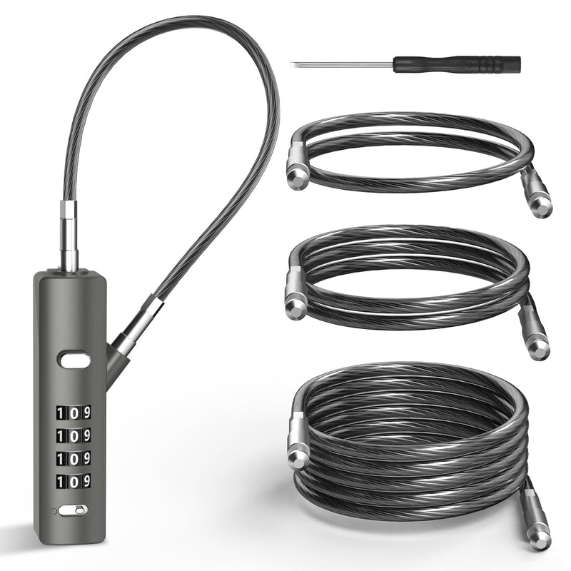 Portable Cable Lock, Small Combination Rope Lock, with 3 Replaceable Steel Ropes (9’’ / 23.6’’ / 47.2’’), Wire Lock for Cabinet, Bike, Luggage, Gate, Door, Fence, (Gun-Grey, 1 Pack) Gun-grey