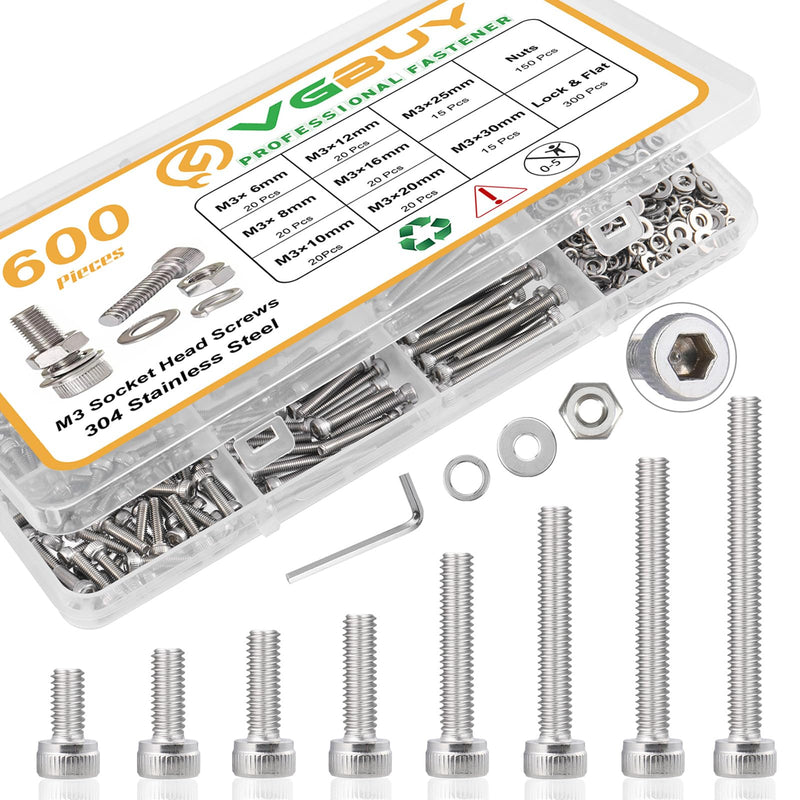600pcs M3 Screw Assortment Kit, M3 Screws (8 Sizes 6-30mm) for 3D Printer DIY, Hex Socket Head Cap Screws Bolts Nuts Washer Kit, 304 Stainless Steel, M3 x 6/8/10/12/16/20/25/30mm M3x6/8/10/12/16/20/25/30mm