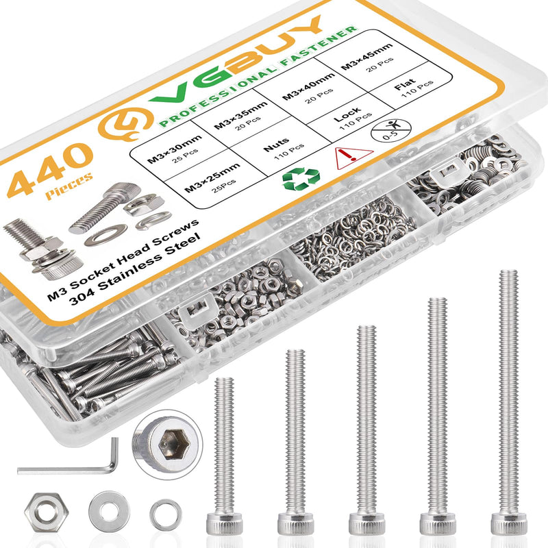 440pcs M3 Screw Assortment Kit, M3 x 25/30/35/40/45mm, M3 Screws Bolts for 3D Printer DIY, Hex Socket Head Cap Screws Bolts Nuts Washer Kit, 304 Stainless Steel M3x25/30/35/40/45mm