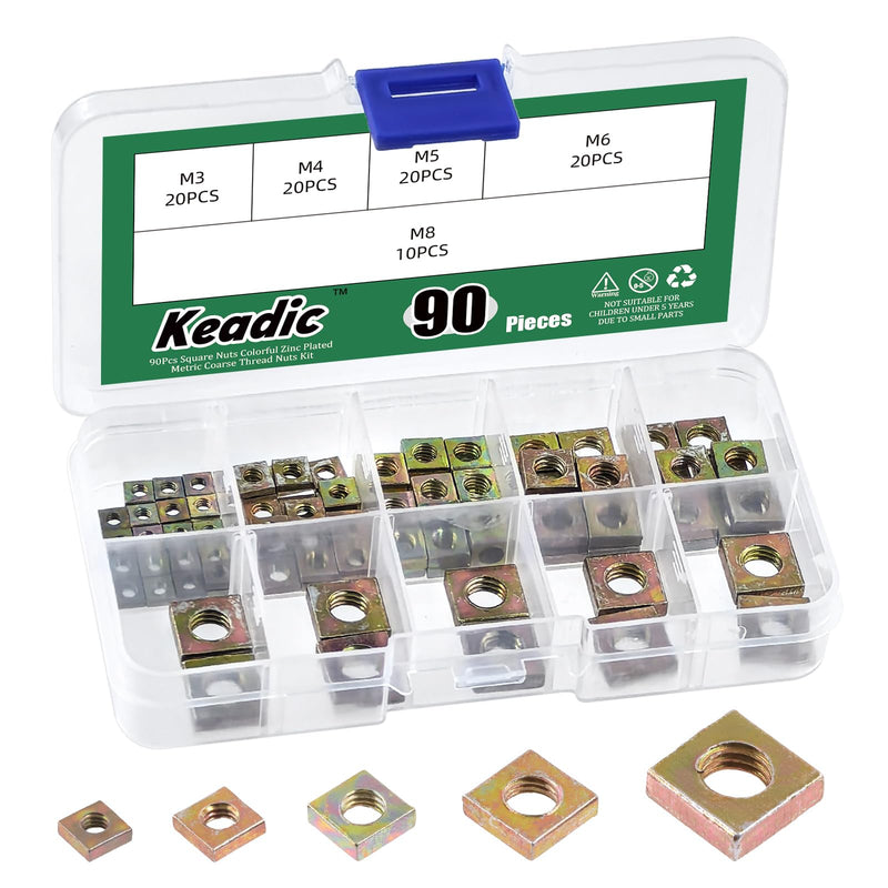 Keadic 90Pcs Yellow Zinc-Plated Square Nuts Assortment Kit, M3x5.5mmx2mm, M4x7mmx2mm, M5x8mmx3mm, M6x10mmx3mm, M8x13mmx4mm Coarse Thread Nut for Furniture, Electrical Appliances Zinc-Plated (Yellow)