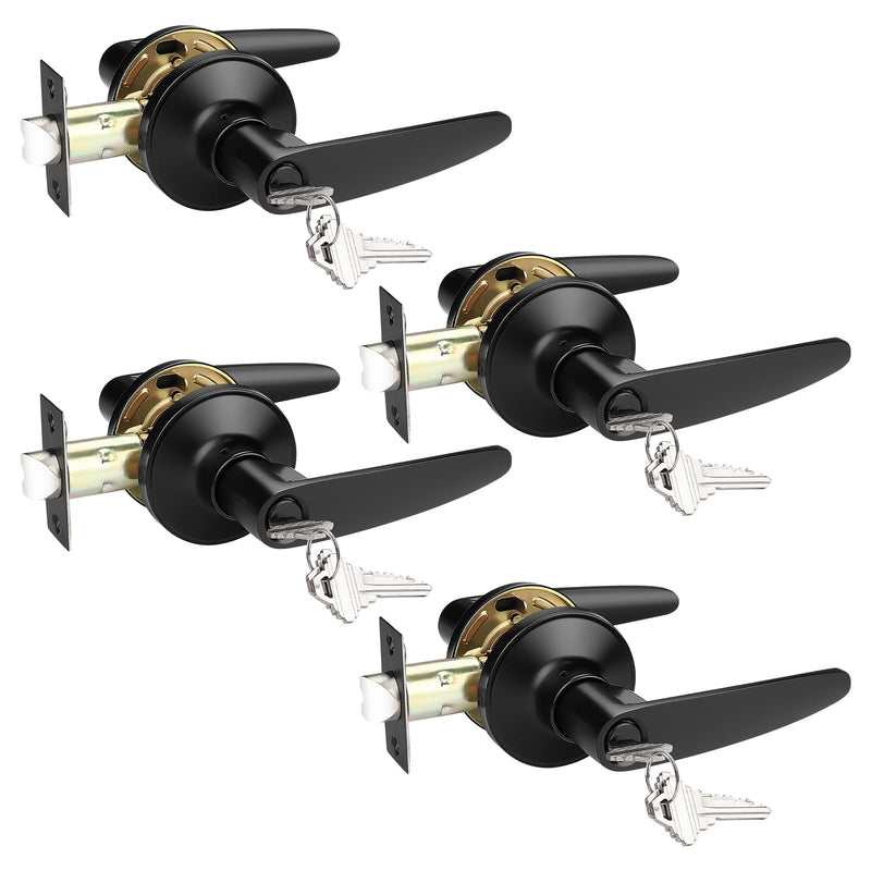 Probrico 4 Pack Entrance Door Levers Door Lock in Black, Combo Entry Door Handles with Locks and Keys Keyed Alike Each with 3 Same Keys Keyed Entrance-Keyed Alike