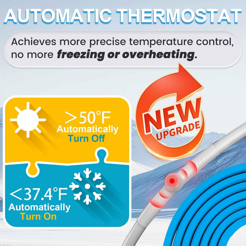 6 FT Heating Cable for Water Pipes with Upgraded Thermostat, Heat Trace for Metal And Plastic Home Water Pipes YeloDeer, 120 V Electric Pipe Heat Cable for Pipe Freeze Protection 6-Feet