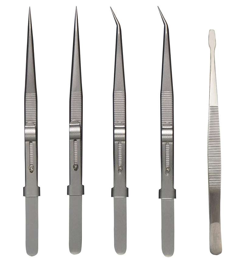 5Pcs Precision Tweezers Set, Flat/Pointed/Curved Angled Locking Long Tweezers for Crafts, Medical Surgical, Lab, Soldering, Jewelry Crafting, Watch & Electronics/Car Repair,Splinter Removal