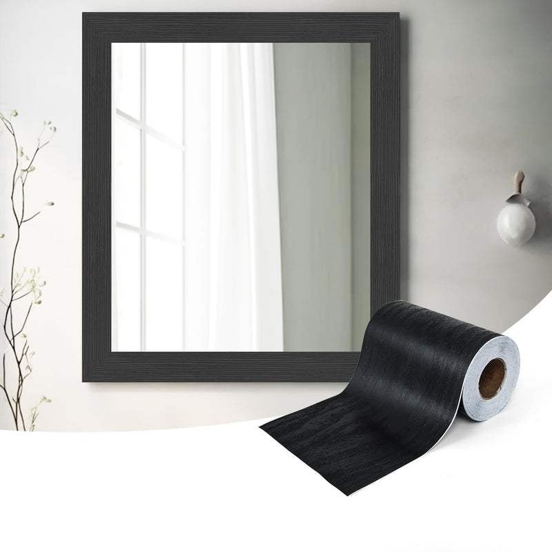 LONGKING Premium 10M Black Wood Grain Peel and Stick Mirror Border Wall Decal: Waterproof PVC Wallpaper Sticker for Kitchen & Bathroom, 393x4.2 in 4.2" x 393"