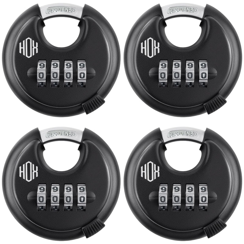 HOX Combination Lock, 4 Digit Disc Padlock with 3/8 Inch Hardened Steel Shackle, 2-3/4 Inch Zinc Alloy Wide Body, Keyless Heavy Duty Combo Lock for Hasp Latch, Sheds, Fences, Storage Locker (4 Pack) 4 Pack