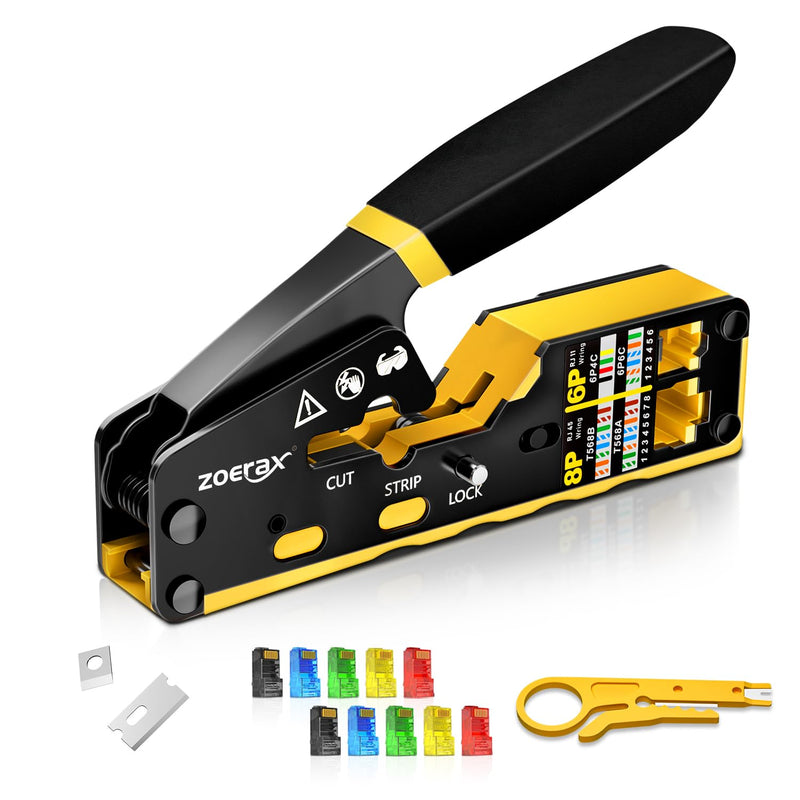 RJ45 Crimping Tool Ethernet Crimp Tool Crimper for RJ11/RJ12 Standard, RJ45 Pass Through Connectors, Yellow