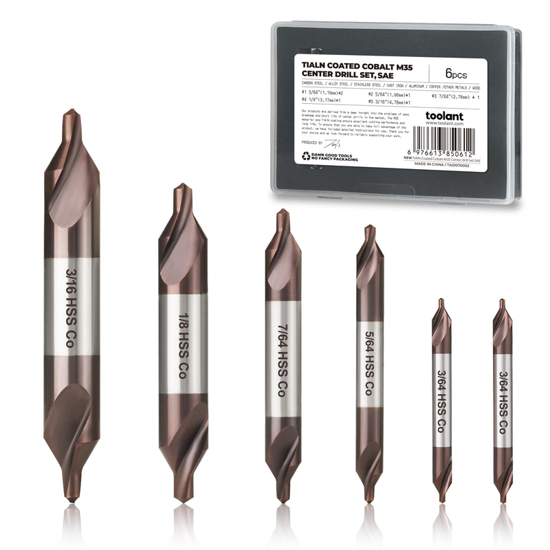 toolant Center Drill Bit Set, TiAlN Coated Cobalt M35 HSS Centering Drill Bit for Stainless Steel, Carbon Steel, Alloy Steel, Cast Iron, Copper, Other Hard Metals, #1-5, SAE 3/64"-3/16" (6pcs) 3/64"-3/16"(6pcs)
