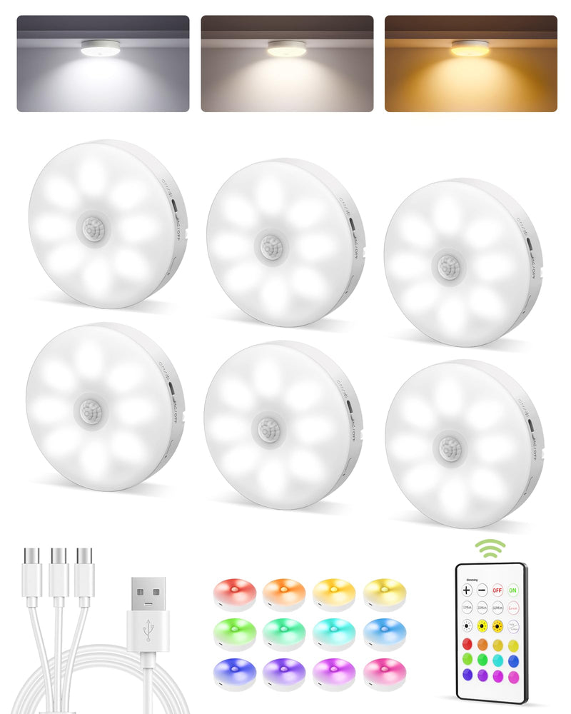 EZVALO Under Cabinet Lighting, Rechargeable Battery Operated Puck Lights with Remote, 3 Color Temps &12 RGB LED Motion Sensor Lights Indoor, Dimmable Magnetic Under Counter Lights for Kitchen (6 Pack) White 6packs