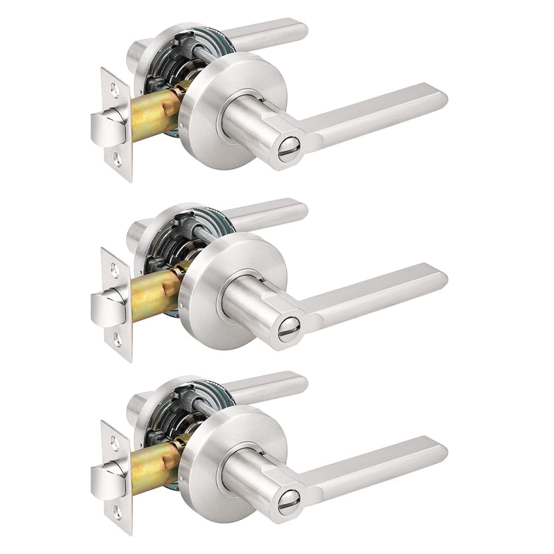 Probrico Privacy Door Handles for Bedroom and Bathroom Satin Nickel Privacy Door Handle Lever, Keyless Interior Door Handles Bed Bath Door Lockset, 3 Pack