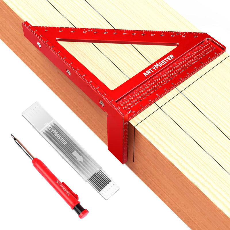 8 inch 3D Multi-Angle Measuring Square Ruler, WT103B High Precision Hole Scribing Woodworking Tools, 0-90° Aluminum Alloy Carpenter Square Wood Working Tools, Carpenter Pencils 6 Refills. 8 inch Square