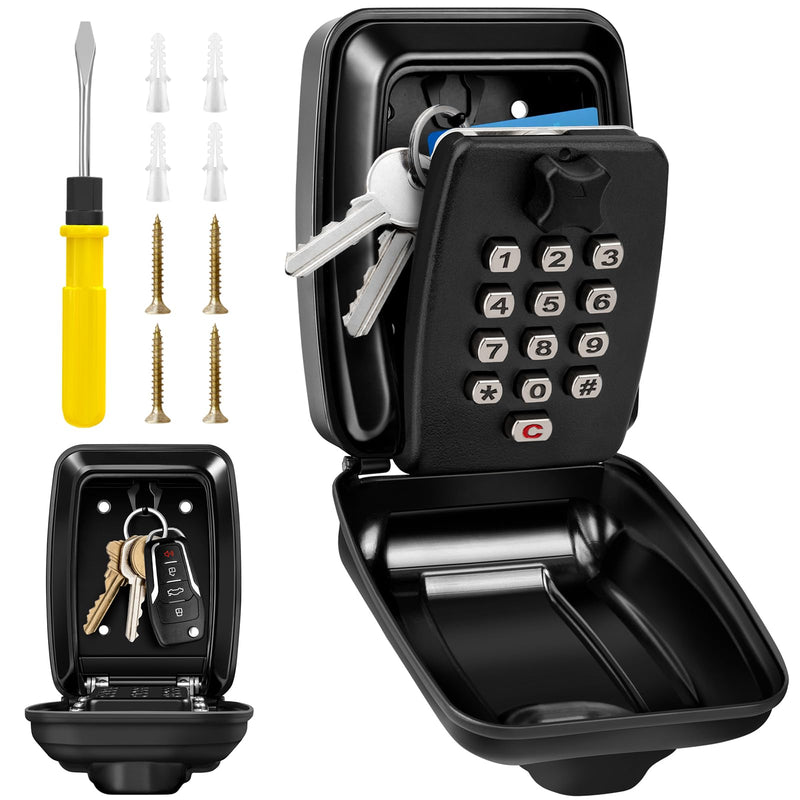 Key Lock Box Wall Mounted Key Storage Box Waterproof 12 Digit Combination Security Lock Box Large Capacity Resettable Code Key Safe with Weatherproof Cover for Home Garage Office School Black