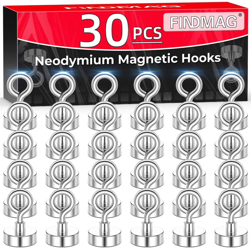 FINDMAG Magnetic Hooks, N52 Grade Magnets Heavy Duty with Hook, Sheep Eye Magnetic Hooks for Cruise, Locker Accessories, Office, School (28 lbs, Pack of 30) 30 Pack 28LBS