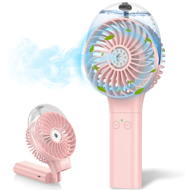 MORECORE Portable Misting Fan, 180° Foldable Handheld Personal Fan with Mist Spray, 3 Adjustable Wind Speeds, USB Rechargeable for Travel Outdoors Makeup Camping Home Office (Pink)