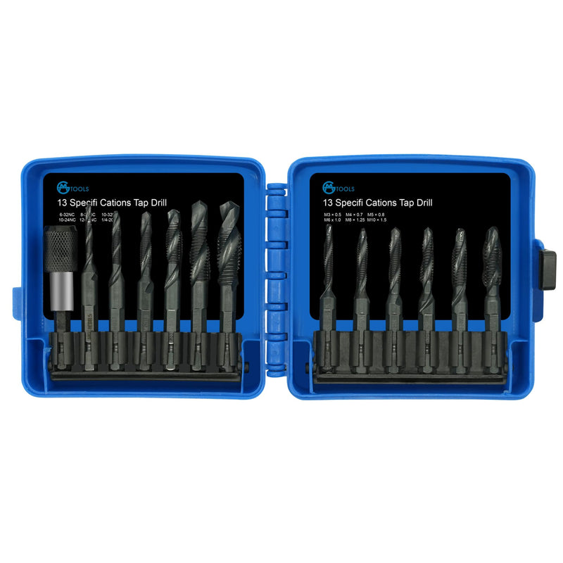 Combination Drill and Tap Bit Set with Quick-Change Adapter of 13Pcs, 6 SAE Sizes: 6-32NC to 1/4-20NC, 6 Metric Sizes: M3 to M10,Suitable for Drilling Tapping Threading Countersinking
