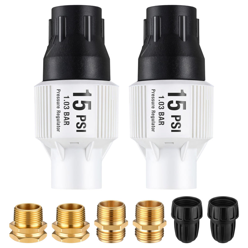 2 Pack Drip Irrigation Pressure Regulator Kit, Water Backflow Preventer for 3/4'' Garden/Faucet Hose Thread and 1/2'' Drip Irrigation Tubing Adapter, Complete Drip Irrigation System (15 Psi) 15 Psi 2