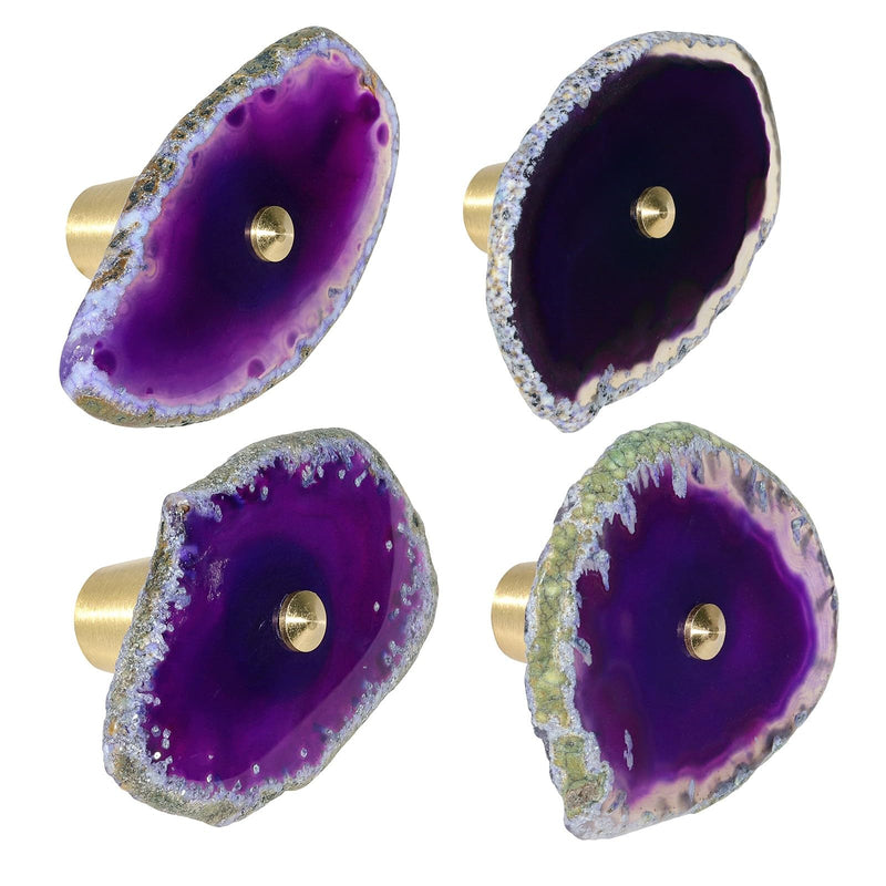 TUMBEELLUWA 4 PCS Purple Agate Slice Cabinet Knobs for Kitchens & Bathroom | Unique Single Hole Drawer Pulls, Easy to Install, Polished Stone Knobs for Cabinets Drawers Dressers, Housewarming Gift
