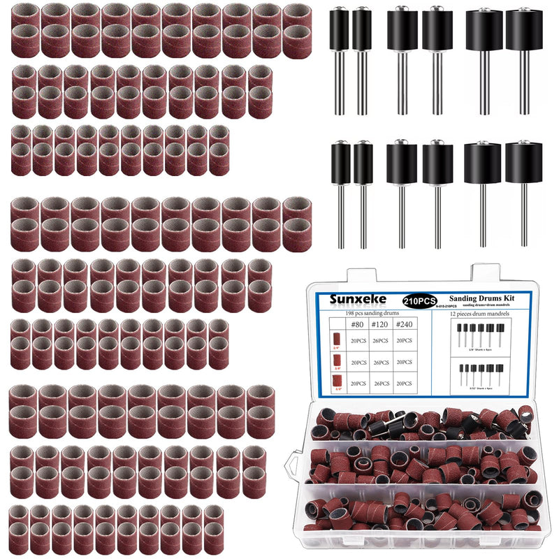 210 Pieces Sanding Drum Set,Including 198 Pieces Aluminum Oxide 80 120 240Grit Drum Sander Sanding Sleeves and 12 Pieces Drum Mandrels for Dremel Rotary Tool,Sanding Drums with Box