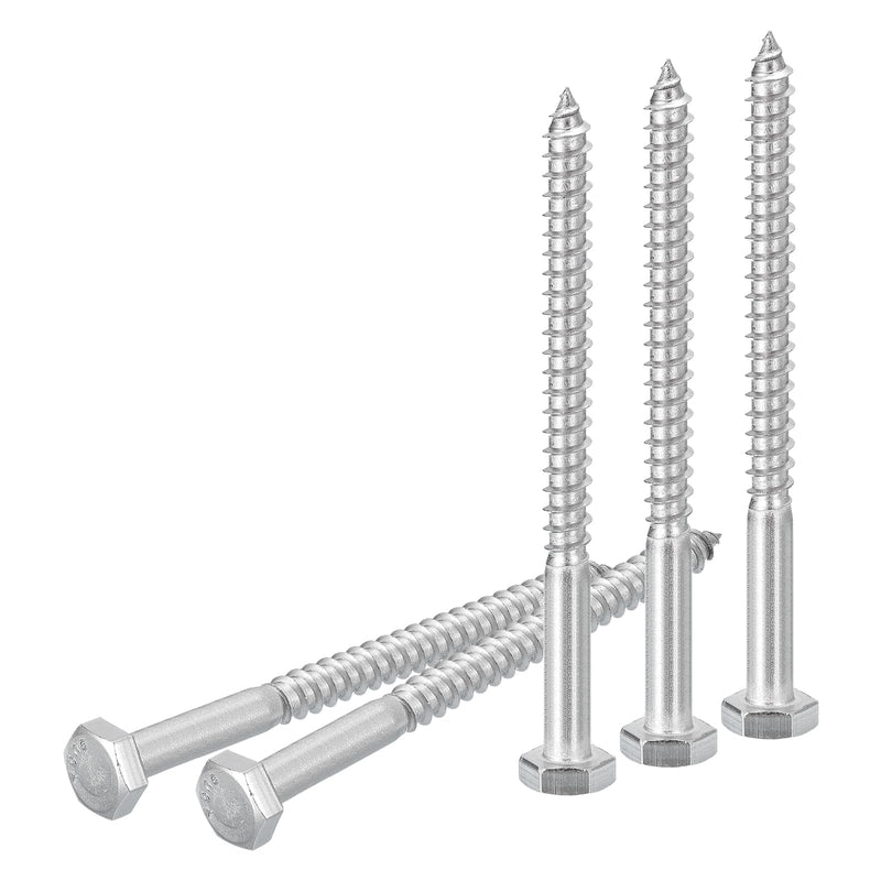 1/4" x 4" Hex Lag Bolts - 10 Pack - for Woodworking, Furniture - 304 Stainless Steel Partial Thread Hexagon Head Lag Screws for Wood - Silver 1/4" x 4"