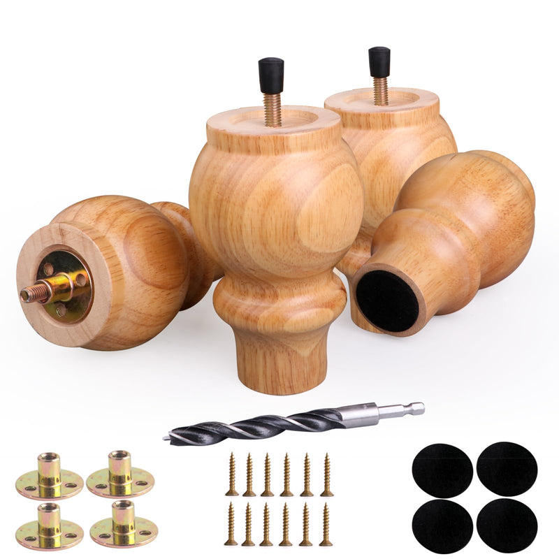 Wood Couch Legs 5 inch Sofa Legs for Furniture Set of 4, Natural Replacement Wooden Legs Furniture Feet Table Cabinet Dresser Bed Frame Legs