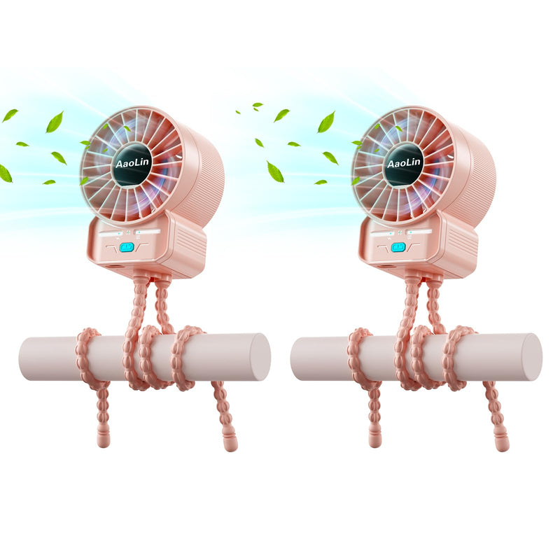 2 Pack Multifunctional Portable Stroller Fan 4 Speed 6600rpm High Speed Usb Rechargeable Personal Mini Handheld Fan Extended Tripod For Desktop Winding Kids Bed Treadmill Bike Golf Cart Outdoor Travel Pink-2p