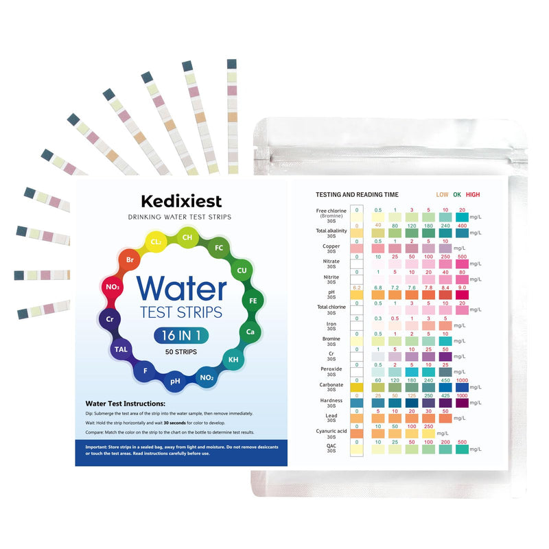 50 PCS 16-in-1 Drinking Water Test Strips, Water Testing Kits for Drinking Water, Home Water Quality Test Lead Hardness Test Kit PH Manganese Nitrate Iron Nitrite Copper Chloride Mercury and More 16 in 1 50 test strips