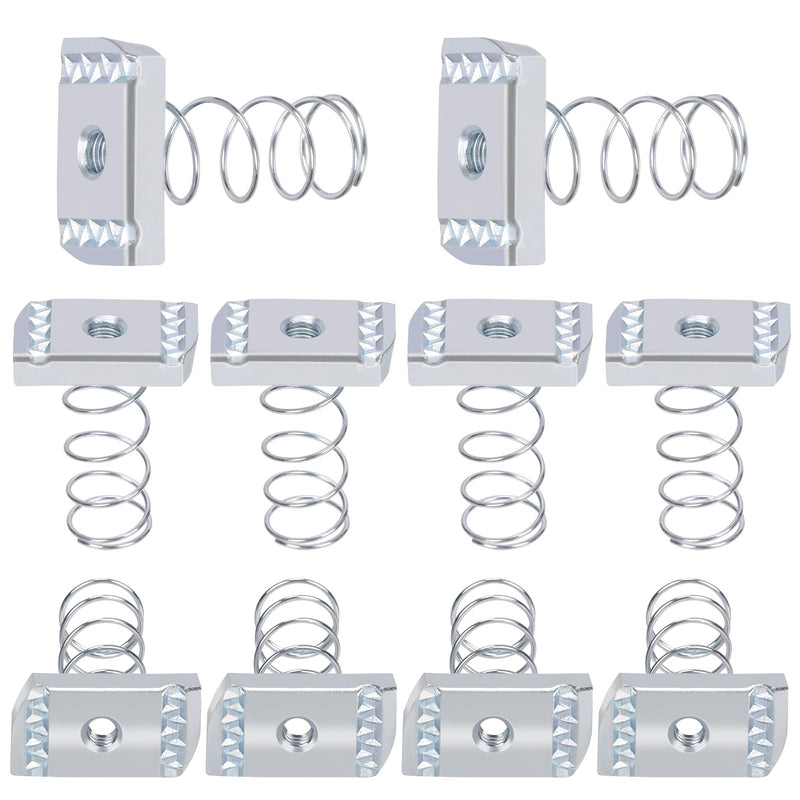 Glarks 10pcs Strut Channel Nuts with Standard Spring Kit, Thread 1/4in Spring Channel Nuts, Long Spring Nuts, Spring Strut Nuts for Strut Channel Mounts Solar Panel 1/4"