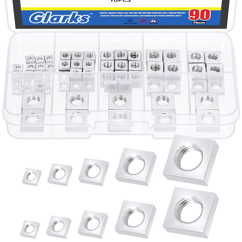 Glarks 90pcs Carbon Steel Square Nut Set M3 M4 M5 M6 M8 White Zinc Plated Square Thin Nut Square Machine Screws Nut Metric Coarse Thread Assortment Kit for Furniture Construction Mechanical Equipment White/Zinc