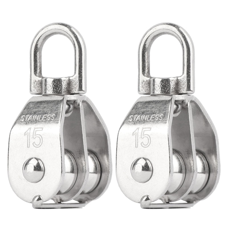 2PCS M15 Double Sheave Pulley Block 304 Stainless Steel Lifting Crane Swivel Hook M15-2PCS