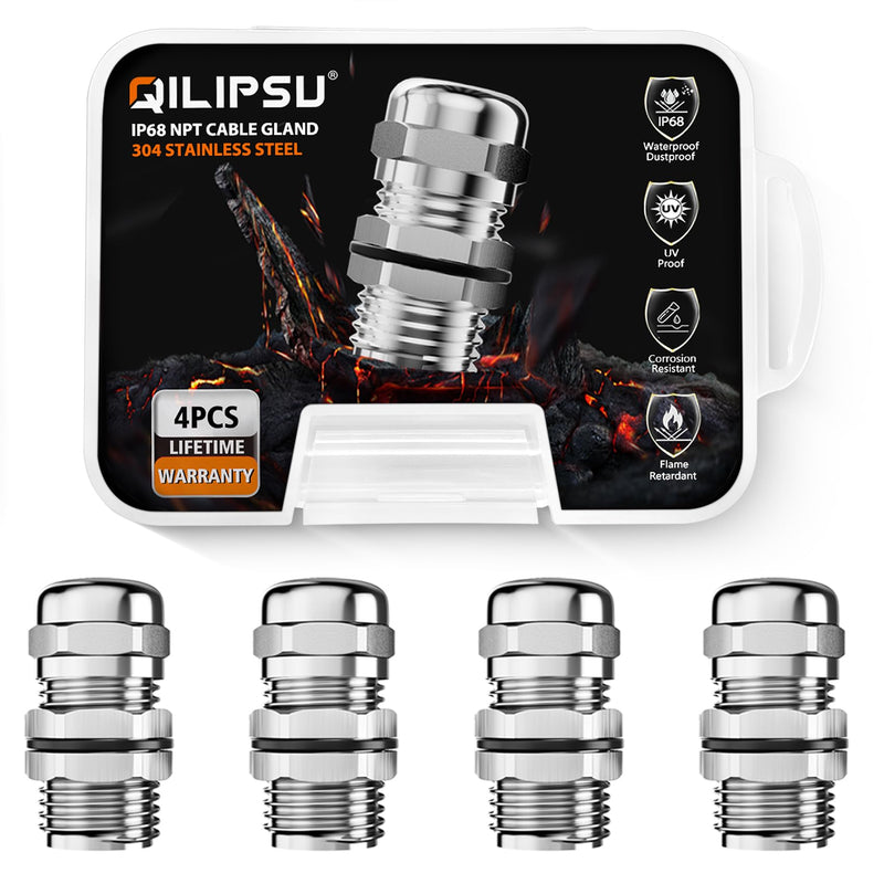 QILIPSU 4pcs 1/2" NPT 304 Stainless Steel Cable Glands, Extended Thread IP68 Strain Relief Waterproof Cord Connector Grommet, Wire Pass Through Grip 4