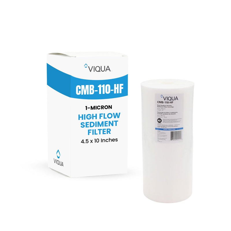 VIQUA CMB-110-HF 1 Micron High Flow Sediment Water Filter 4.5 x 10 Inches, Universal 10-Inch Whole House Water Filter Housing, Reduces Sediment, Rust, Dirt, and Protects UV Systems | Cartridge for Whole House Water Filter Treatment, Enhances UV System ...