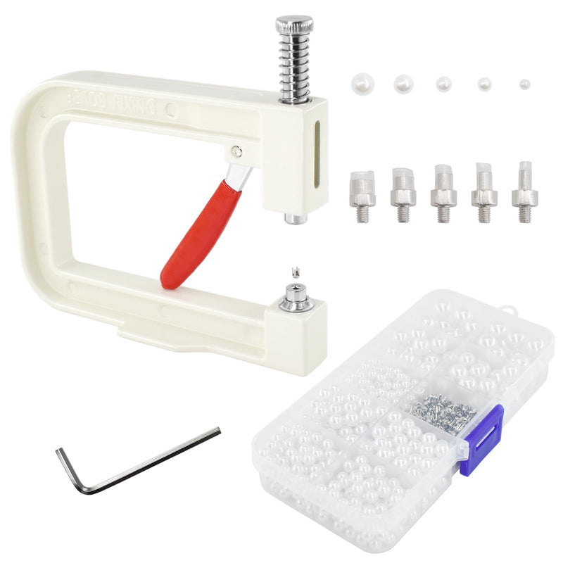 SHRJ Pearl Handmade Setting Machine with White Pearl Beads Rivet Studs and Tools Hand Press Machine for Decorating Clothes, Dresses, Bag, Hair Band DIY Crafts