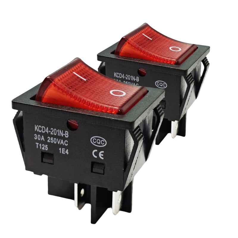 30A 250V KCD4 Rocker Switch DPST 4 Pin Red Lighted 120V Rocker Toggle Switch ON Off Heavy Duty T125-2Pack