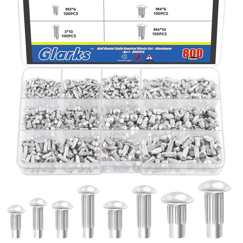 Glarks 800Pcs Solid Rivets Knurled Shanks Set, M2 M2.5 M3 M4 Semi-Round Head Aluminium Solid Rivets Assortment Kit for Home Outdoor Hardware Tool Use