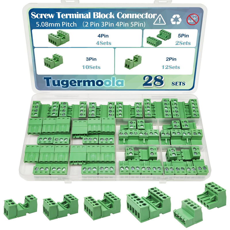 28 Sets Screw Terminal Block Connector Assortment Kit 5.08mm Pitch PCB 2Pin 3Pin 4Pin 5Pin Connectors for 24-12AWG Cable OLA007 28sets 2/3/4/5pin kit