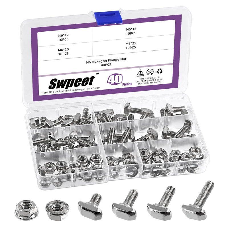 Swpeet 80Pcs 4 Sizes European Standard 30 Series M6 x 12/16/20/25mm T Slot Drop-in Bolt and Nickel M6 Flange Nut Assortment Kit, Thread T Slot, Drop-in Bolt T-Bolt, Hammer Head Bolt, T Screw Stud