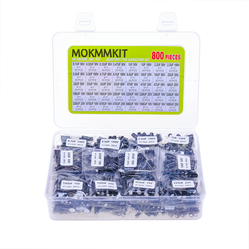 40 Values 800 Pieces, 0.1uF-1000uF, 10V 16V 25V 50V 100V, Electrolytic Capacitor Assortment Kit, DIY in-line Aluminum Capacitors Set, Direct Insertion Series
