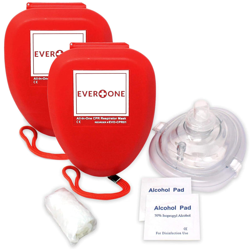 CPR Rescue Mask, Adult/Child Pocket Resuscitator, Hard Case with Wrist Strap + Gloves & Wipes - 2 Pack 2 Count