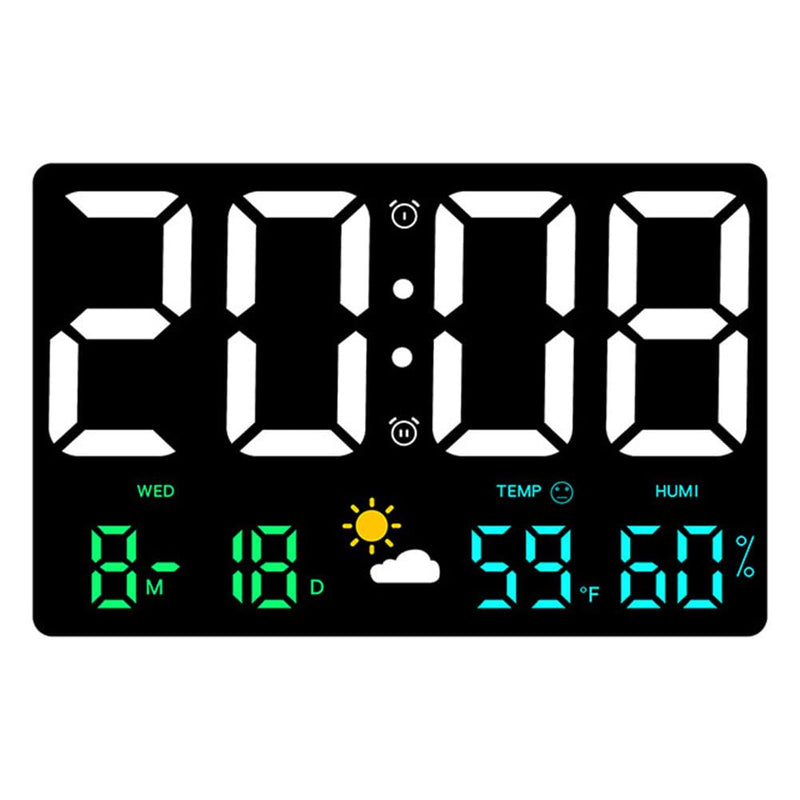Large Digital Wall Clock with Temperature and Humidity Sensor Colorful Led Weather Forecast Alarm Calendar Timer for Home and Office Use 9.7X6.2 Inch