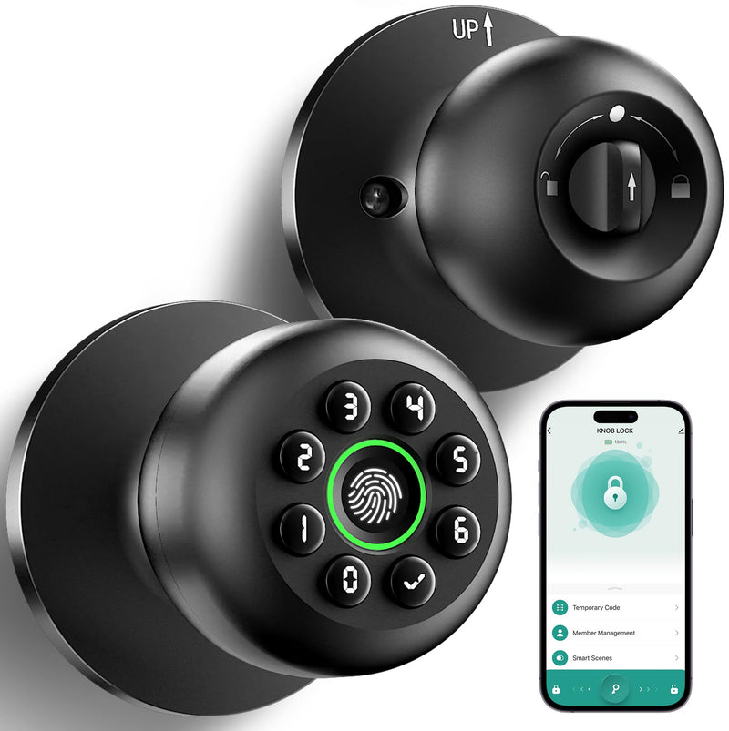 Fingerprint Door Lock, Smart Fingerprint Door Knob with Keypad, Biometric Door knobs with App Control, Auto Lock Door Lock with Code, Keyless Door Knob with Locks for Bedroom, Home,Office-Matte Black Matte Black