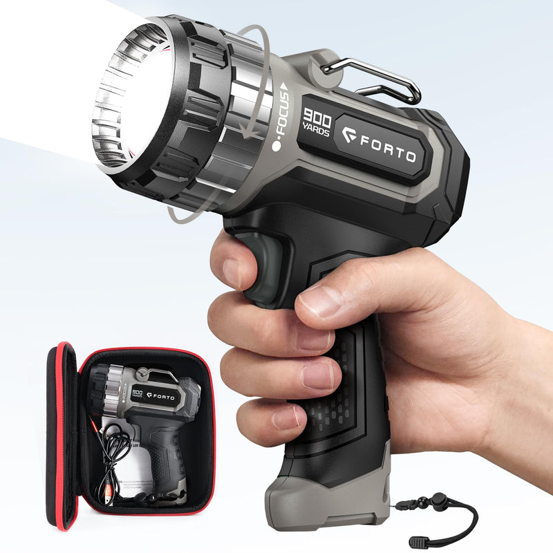 FORTO Compact Rechargeable Spotlight with Adjustable Focus, Handheld Spot Light with Stand, 823m Range, 3 Light Modes and LED Spot Lights Outdoor for Boating Hunting Camping Hiking Brown Basic