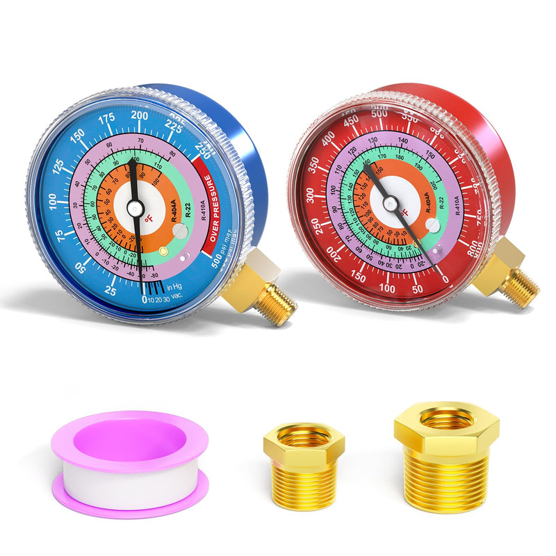 MEANLIN MEASURE Refrigeration Pressure Gauge, 1/8" NPT, 30 in HG to 250Psi and 0-800Psi, 2-3/4" Dial, R-404A, R-22, R-410A, Degree F, with 1/4" NPT and 3/8" NPT Hex Bushing, Lower Mount Red & Blue Dial