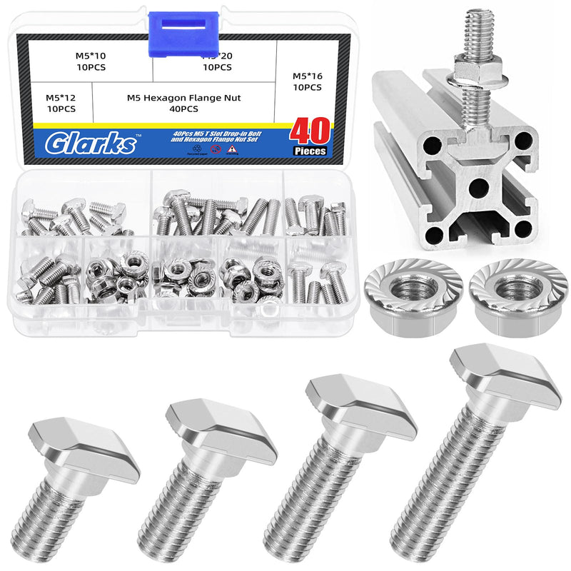Glarks 80pcs M5 T Slot Drop-in Bolt with Hexagon Flange Nut Set, 10/12/16/20MM Hammer Head T-Bolt, T Shape Stud Sliding Screw, T Screw Stud for European Standard 20 Series Aluminum Profile