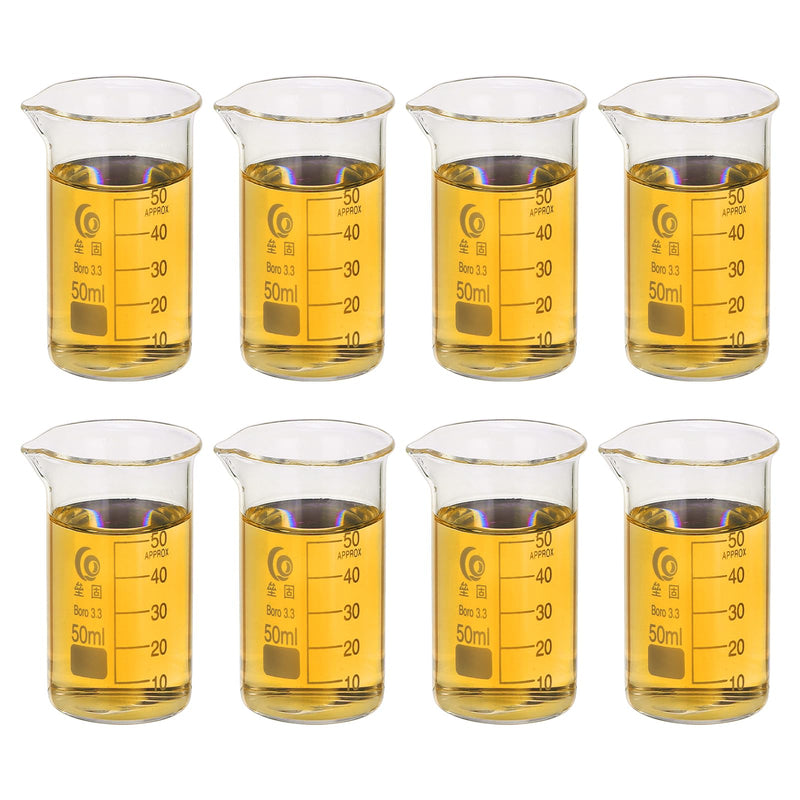 PATIKIL 50ml Tall Glass Beaker, 8Pcs 3.3 Borosilicate Glass Beakers Graduated Measuring Cup with Spout for Lab Experiment, Cooking and Baking, Clear