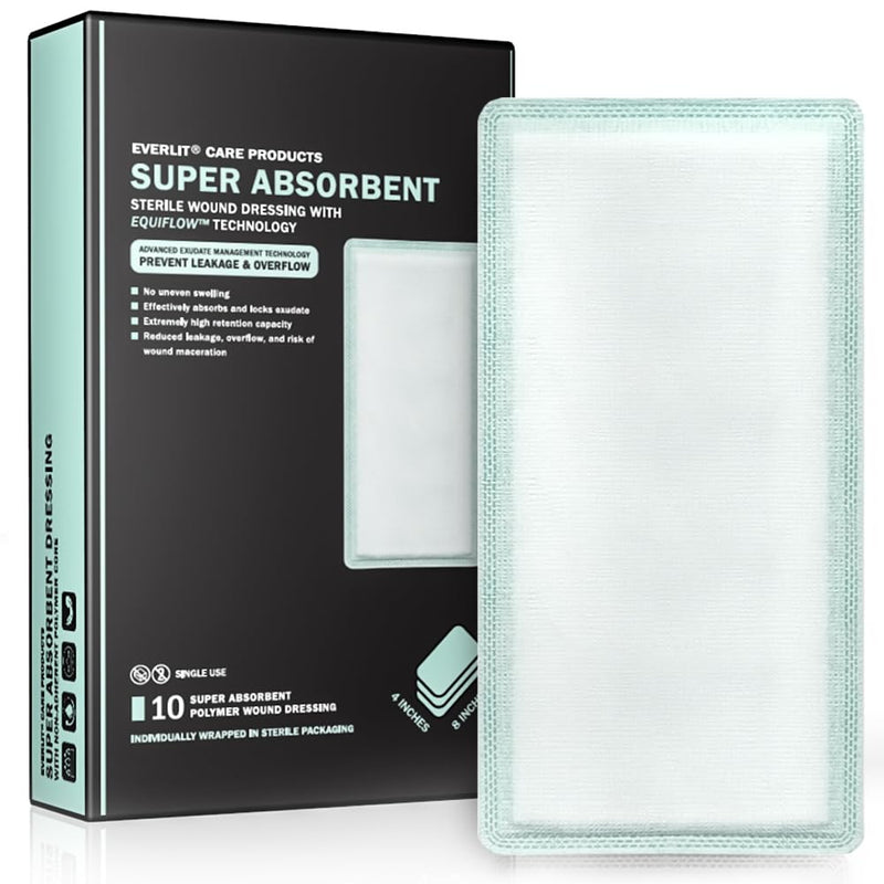 EVERLIT Super Absorbent Dressing for Heavily Exuding Wound Care | EquiFlow Technology for Fast Absorption | Pack of 10 Sterile Non-Adhesive Polymer Gauze Pads | Reduce Leakage and Skin Maceration 4" x 8"