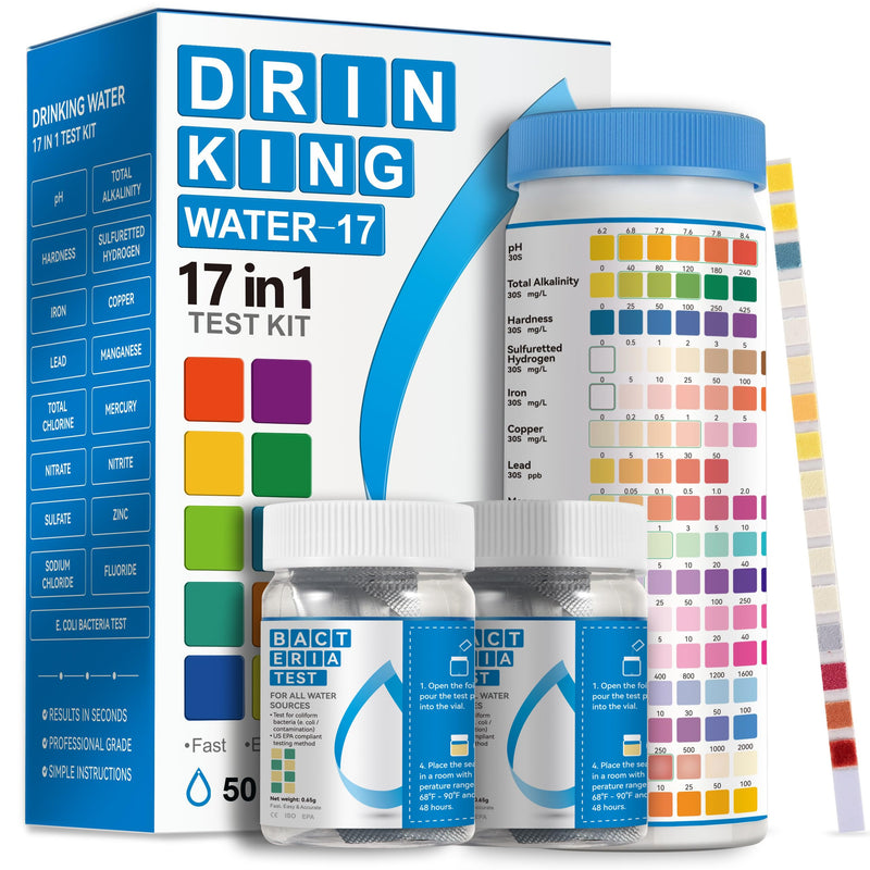 AAwipes Complete Water Testing Kits for Drinking Water 50 Strips + 2 Bacteria Tester Kits 17 in 1 Well, Tap, Drinkling Water, City Water Testing Strips (50)