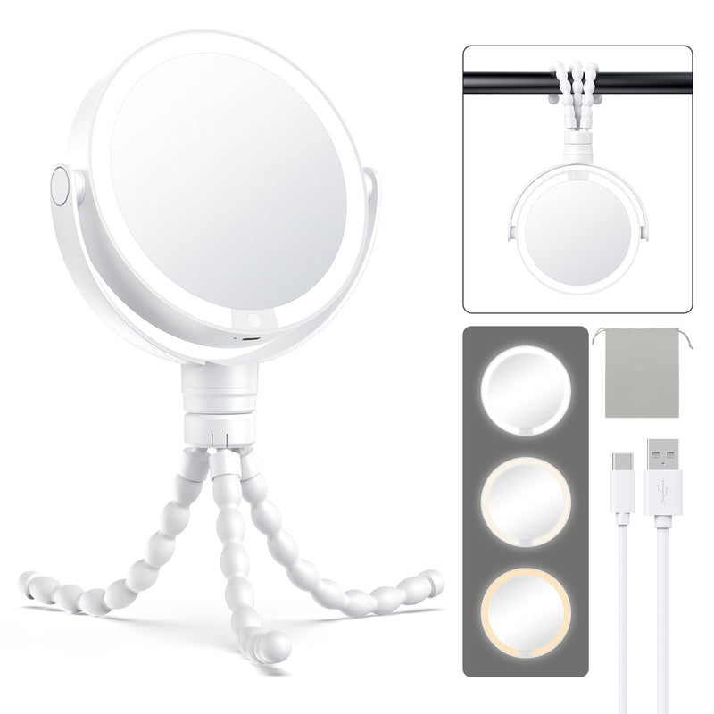 Gospire 5.85” Tripod Travel Makeup Mirror with Lights and Magnification 1X/10X, 4 in 1 Winding Hanging Handheld Tabletop, 3 Light Colors and Adjustable Brightness – White