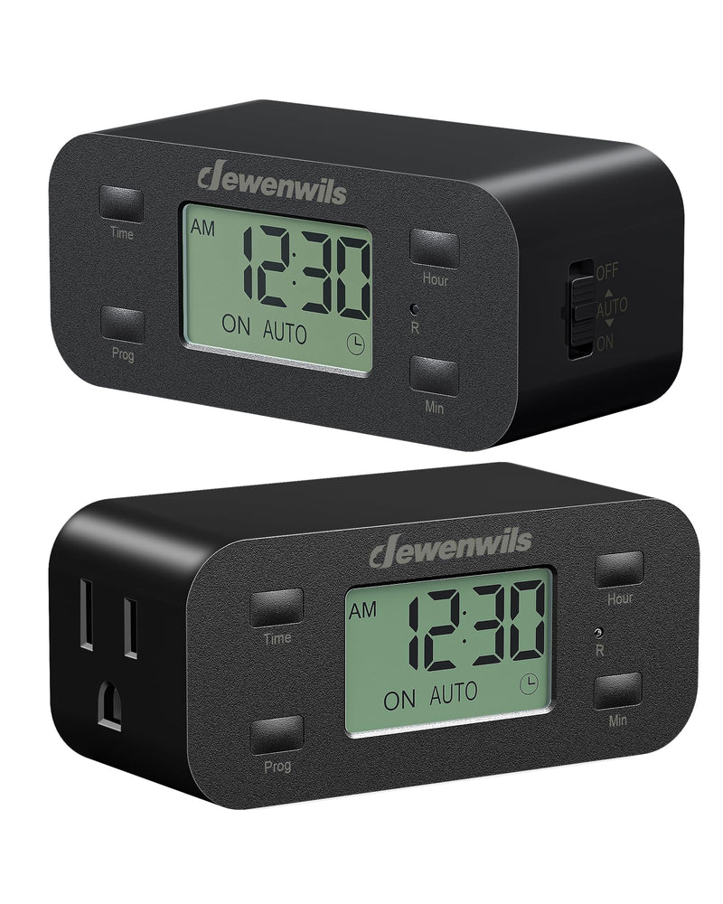 DEWENWILS 24 Hour Programmable Digital Timer Outlet with 1 Grounded Outlet, 2 Pack Timers for Electrical Outlets, 3 Prong Light Timer for Indoor Lamp Fan Aquarium, 125V/15A/1000W, 1/2 HP, Black Black-2PK