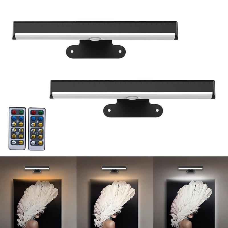 2PACK Picture Light LED Battery Operated Wall Light for Paintings,Wireless Dimmable Frame Light with Remote,3 Lighting Display Art Light Magnetic Timer Light for Artwork Portrait Dartboard Wall Decor 2Pack Black